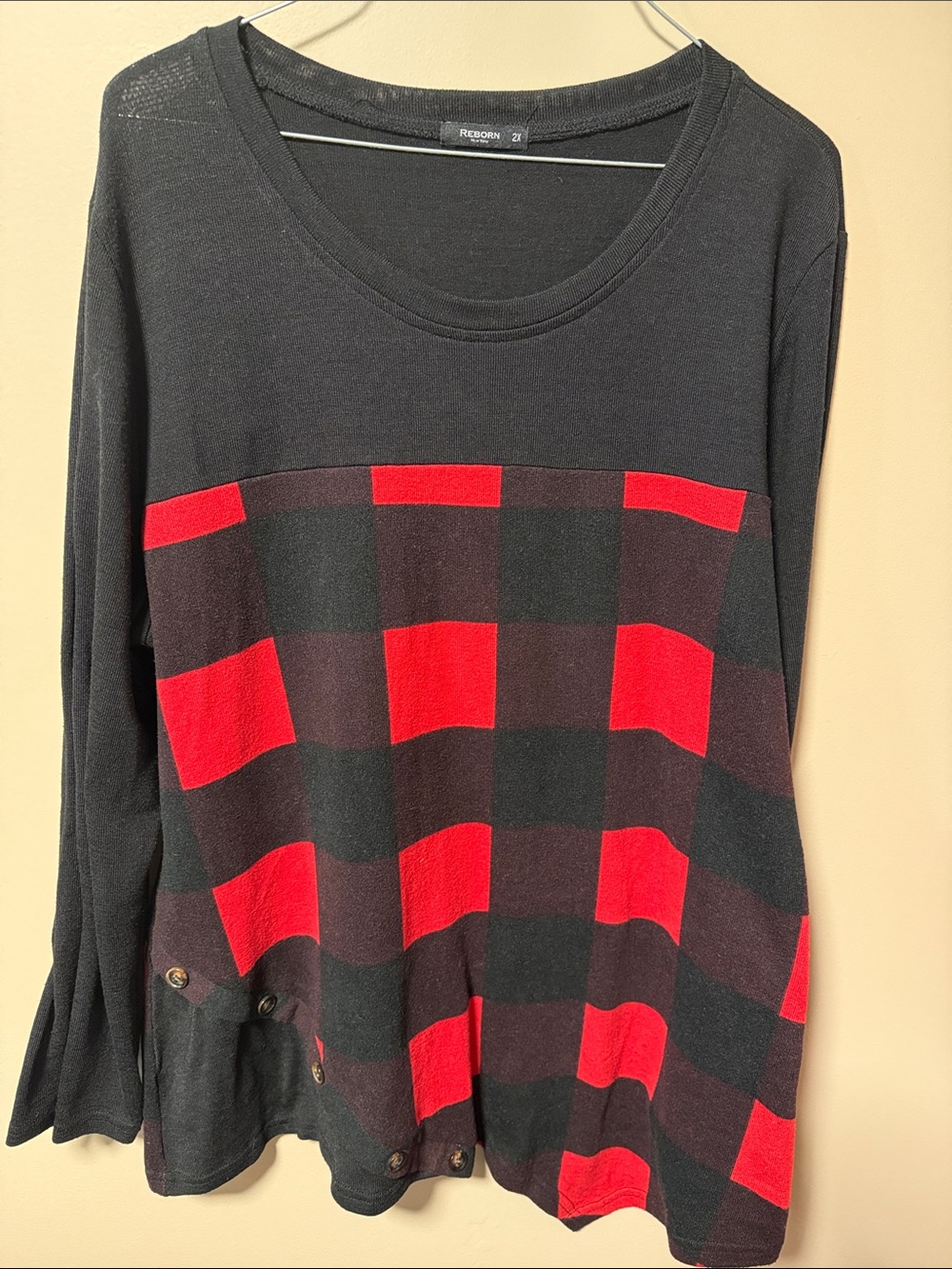 Reborn Black and Red Buffalo Plaid Layered Knit Pullover